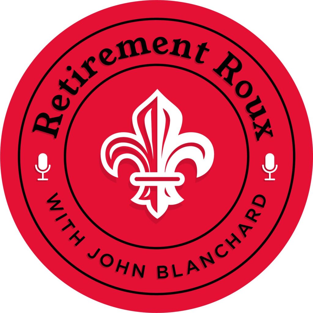 The Retirement Roux™ red logo with fleur-de-lis in center