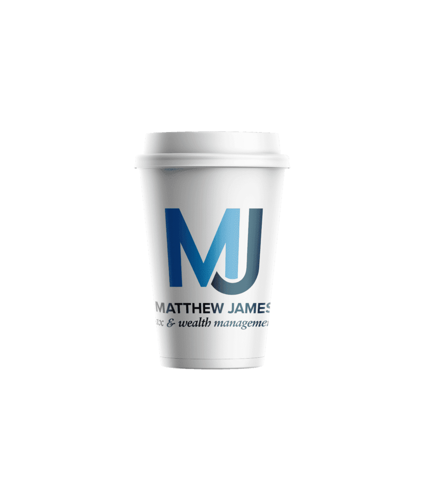 Coffee cup with Matthew James Tax & Wealth Management logo