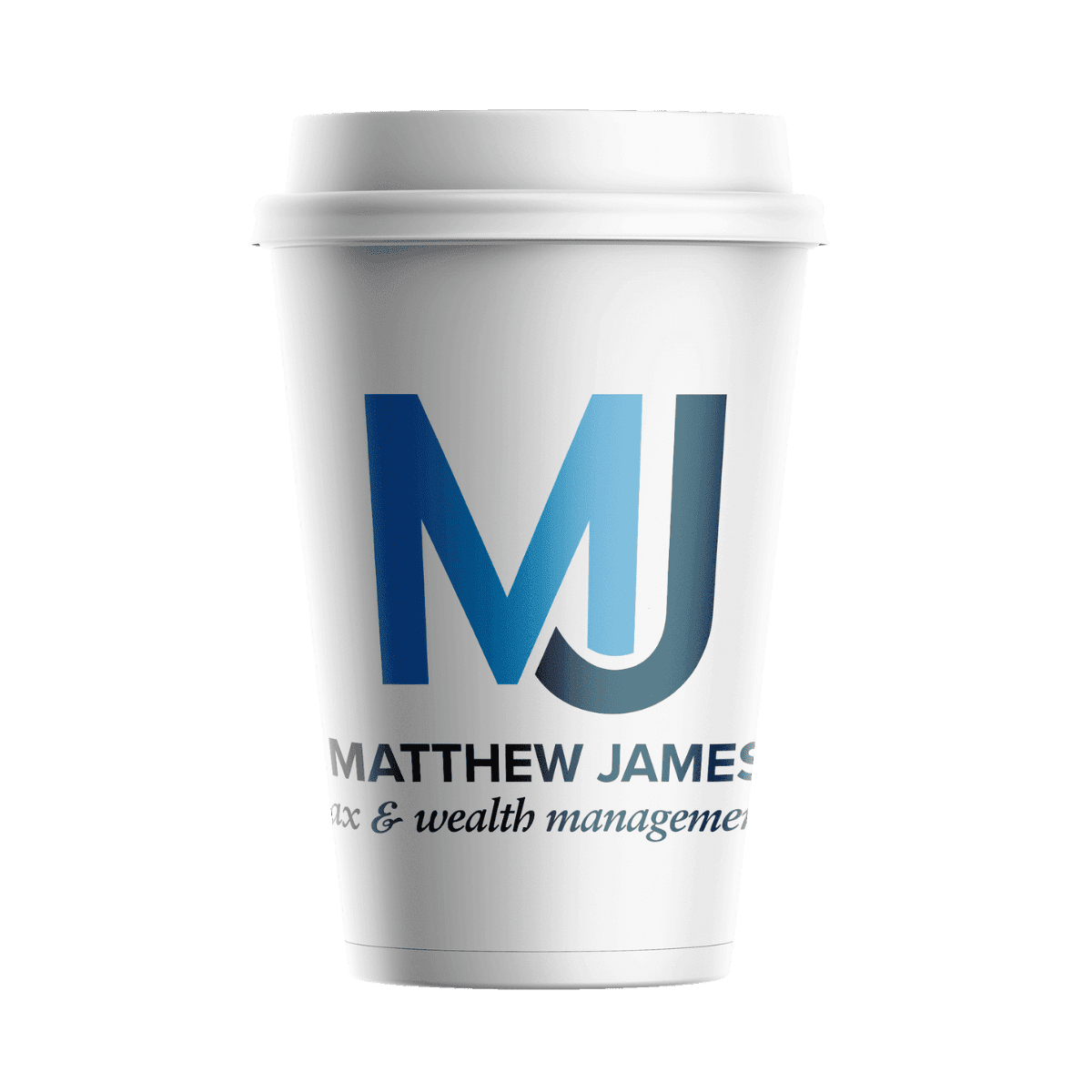 Coffee cup with Matthew James Tax & Wealth Management logo