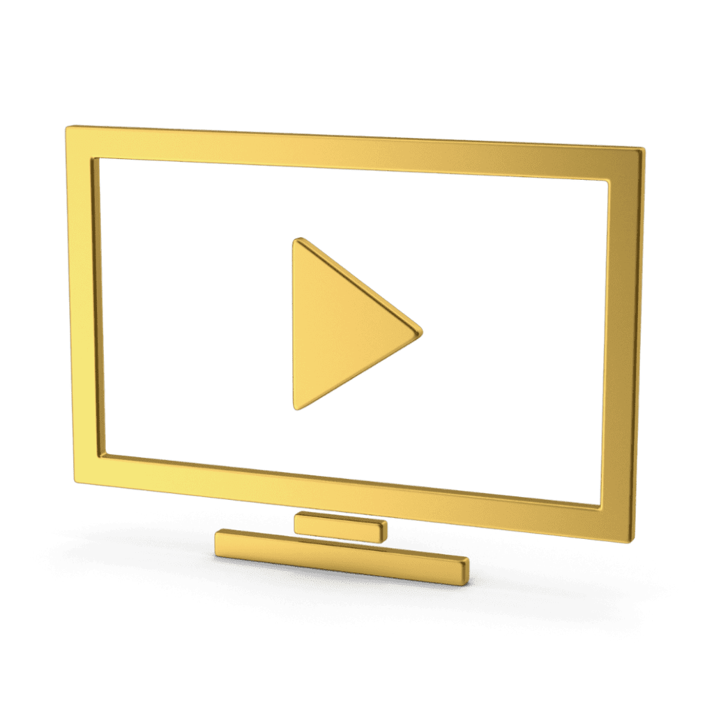 Gold 3D television with play button in center