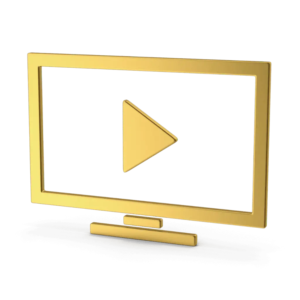Gold 3D television with play button in center
