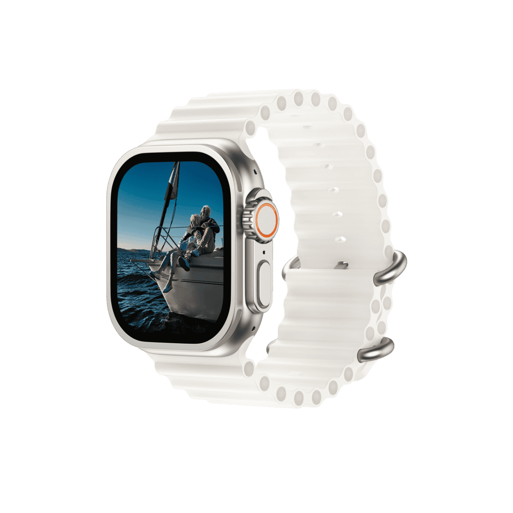 Apple watch with image of retired couple on a boat in the ocean