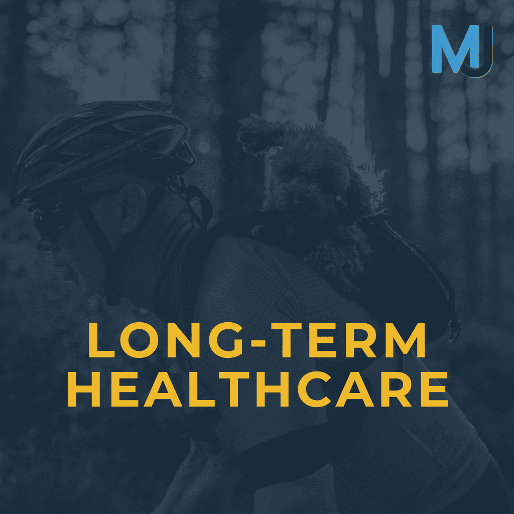 Long-Term Healthcare with retired man riding a bike with a dog in his backpack