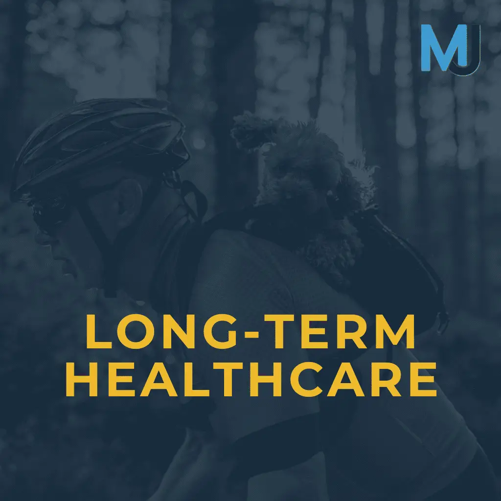 Long-Term Healthcare with retired man riding a bike with a dog in his backpack
