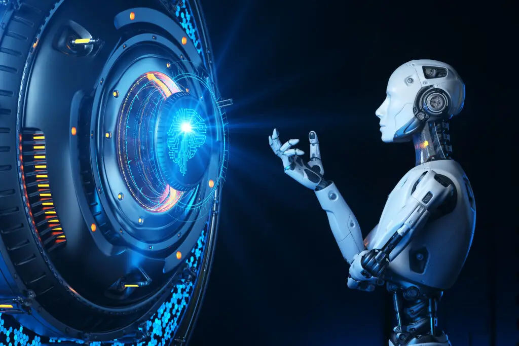 AI robot looking at a digital screen