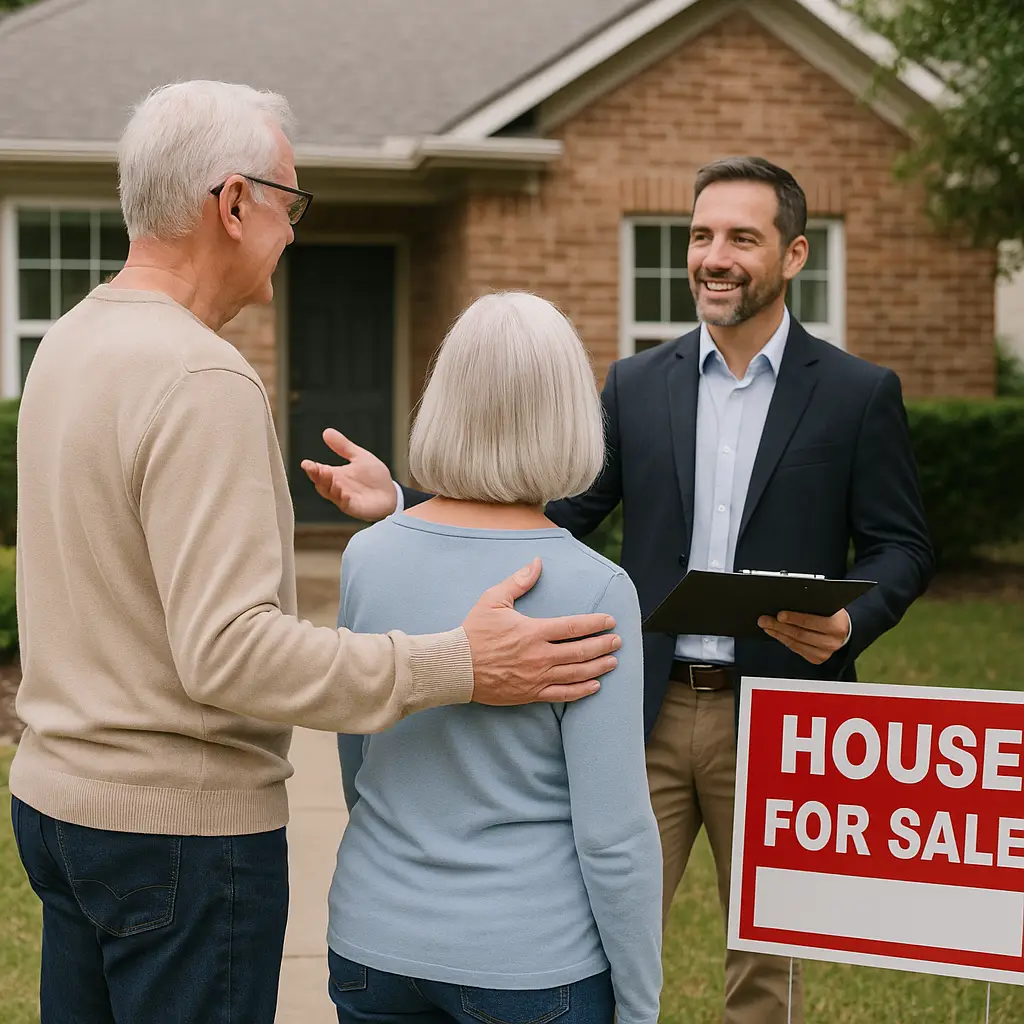 Retired couple house hunting with realtor, standing next to for sale sign