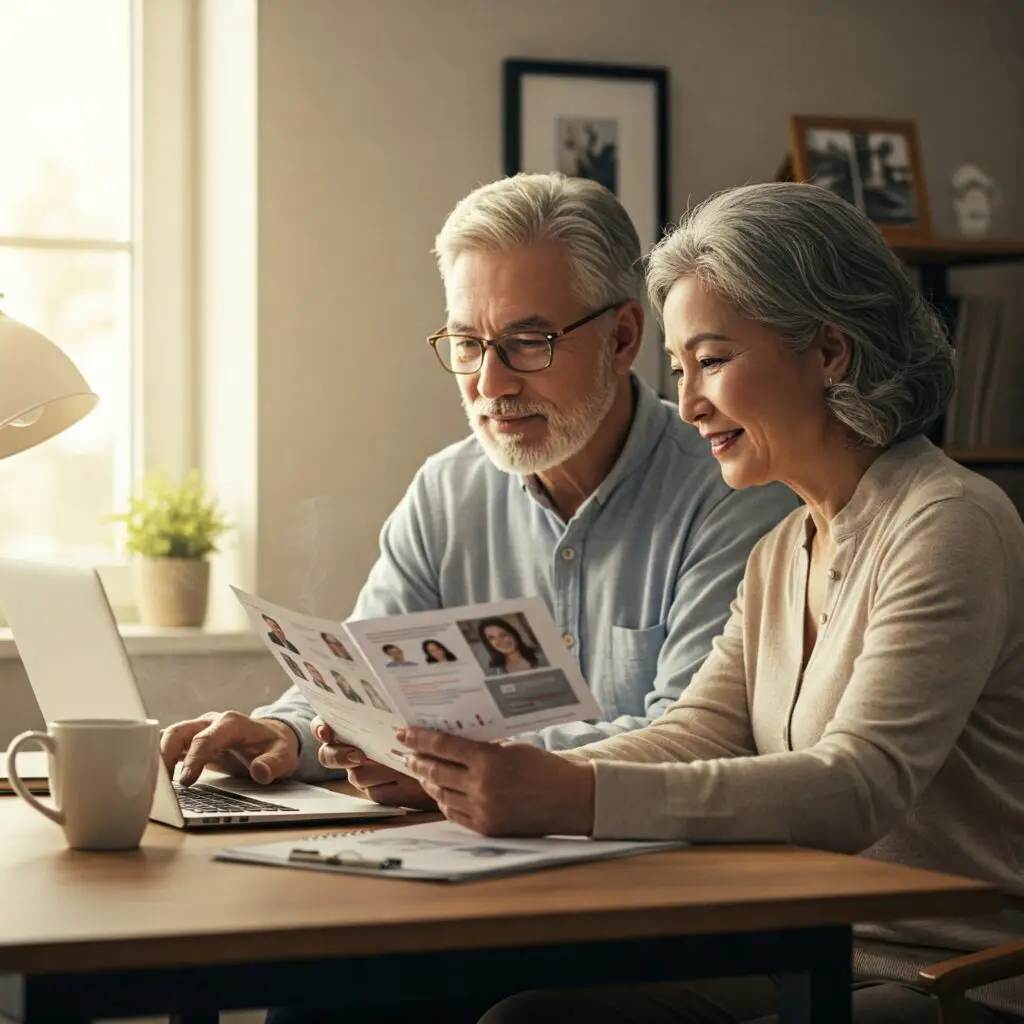 Pre-retired couple smiling and researching on their laptop and through documents, with coffee