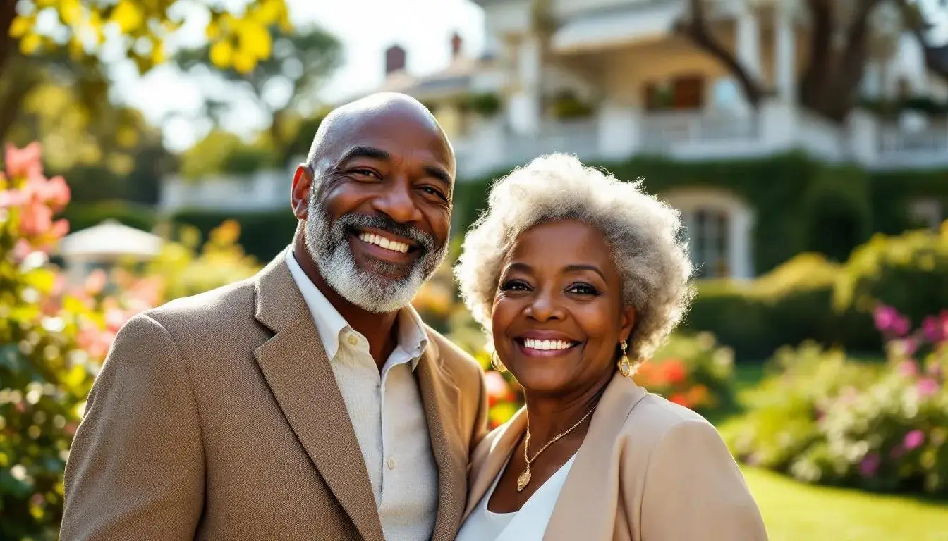 Wealthy retired couple in front of mansion