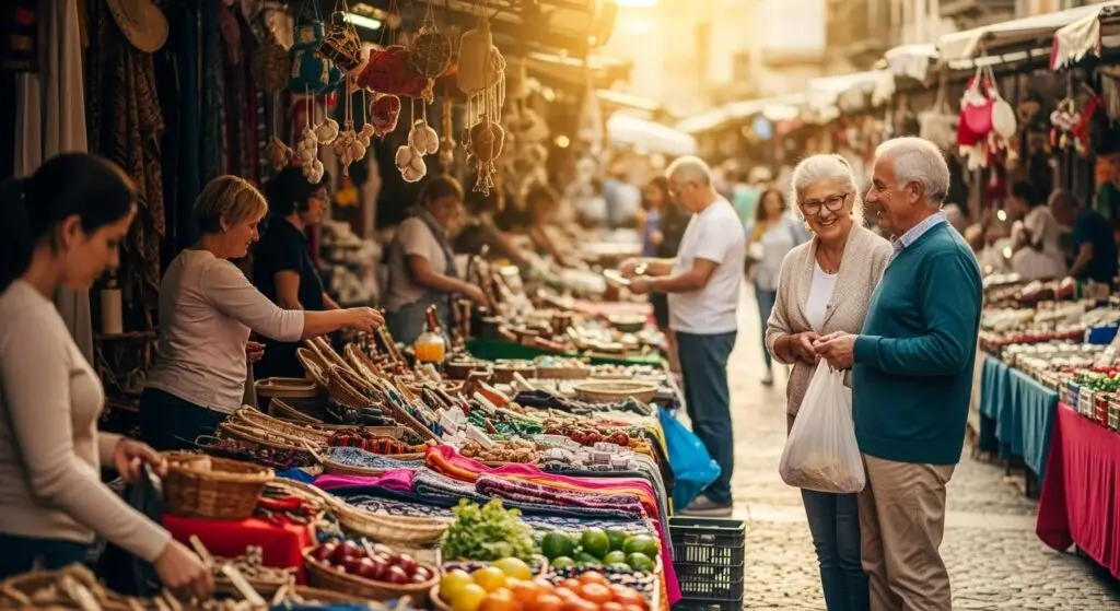 Retired couple smiling and looking at vendor at crafts and food bazaar