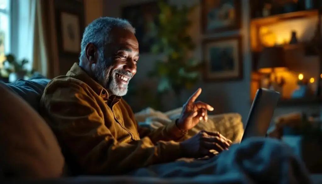 Retired man sitting on couch in living room, smiling while he works on laptop