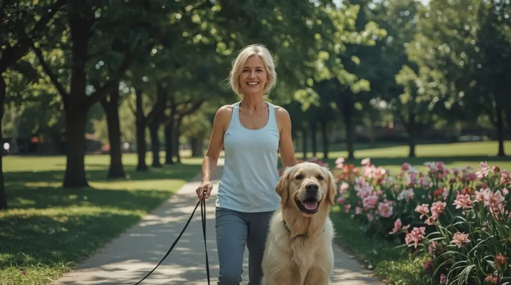 Woman walking golden retriever in park