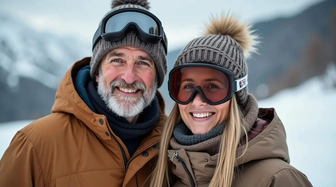 Pre-retired couple wearing snow gear on the slopes