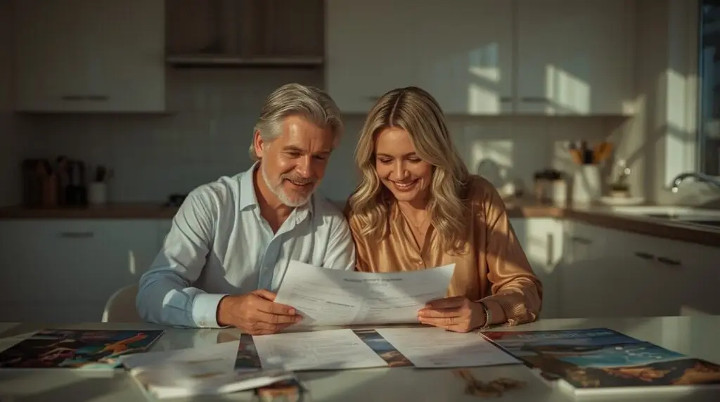 Pre-retiree couple smiling while viewing paperwork and brochures