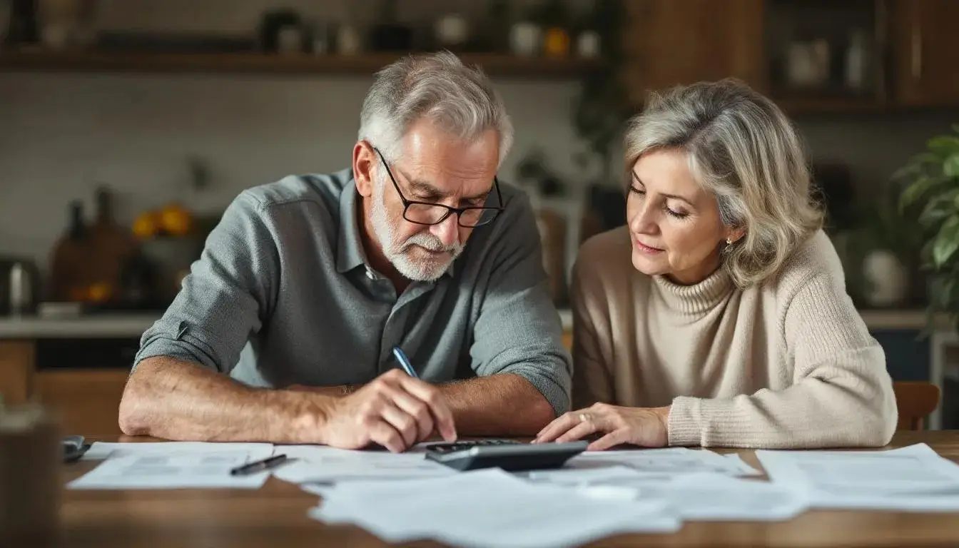 Retired couple using calculator, viewing documents on table