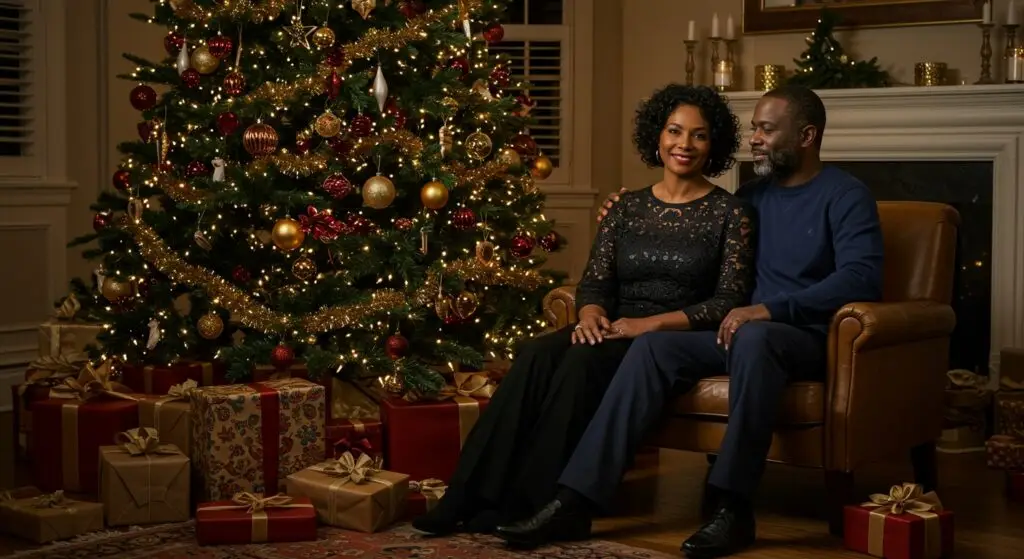 Middle aged couple sitting next to decorated Christmas tree, presents beneath