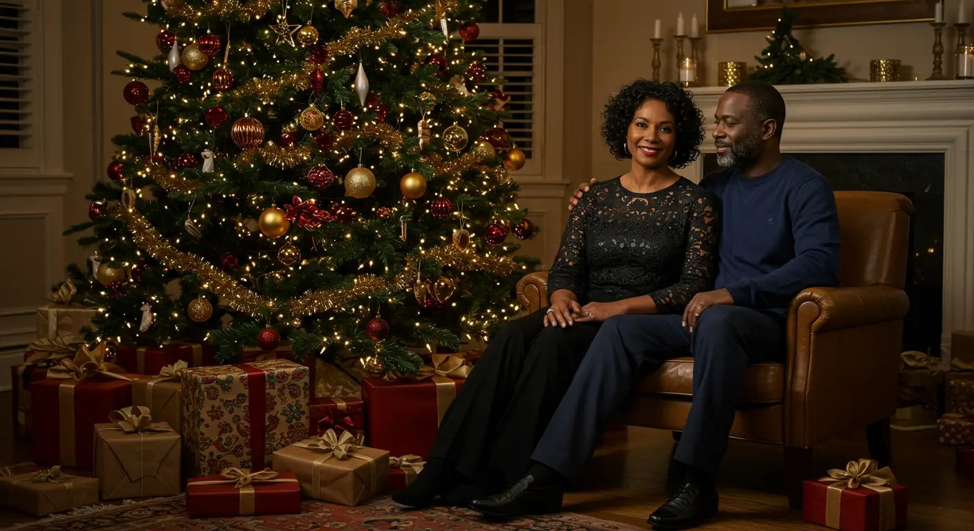 Middle aged couple sitting next to decorated Christmas tree, presents beneath