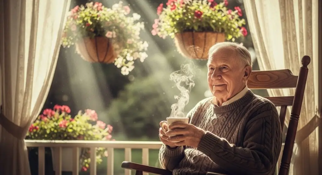 Elderly gentleman sitting on porch, holding cup of steaming coffee