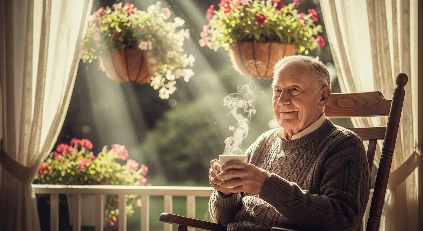 Elderly gentleman sitting on porch, holding cup of steaming coffee