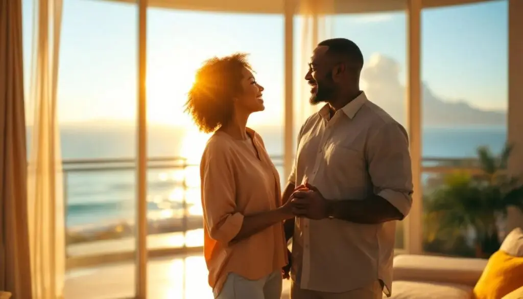 Pre-retiree couple holding hands, next to windows at beach home
