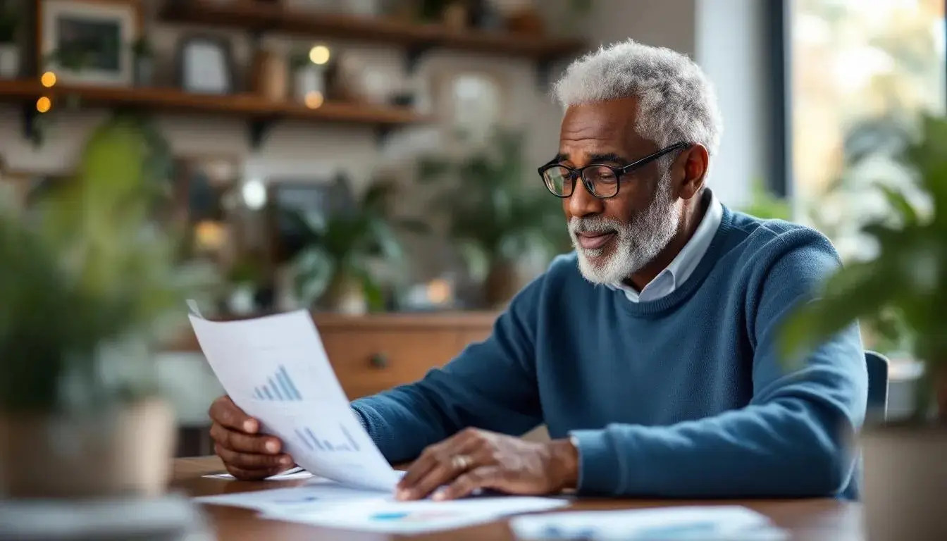 Gentleman in living room, viewing chart graph documents