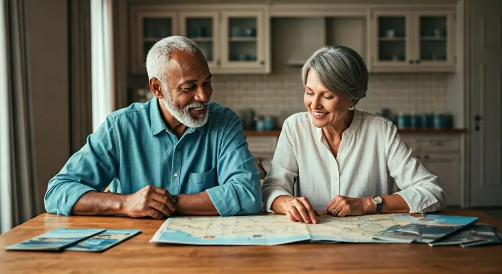 Retired couple smiling and looking at map spread on kitchen table