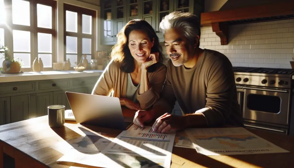 Pre-retiree couple smiling and researching on laptop at kitchen table