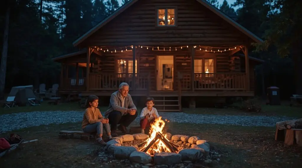 Grandfather sitting with grandchildren, next to campfire at front of log cabin