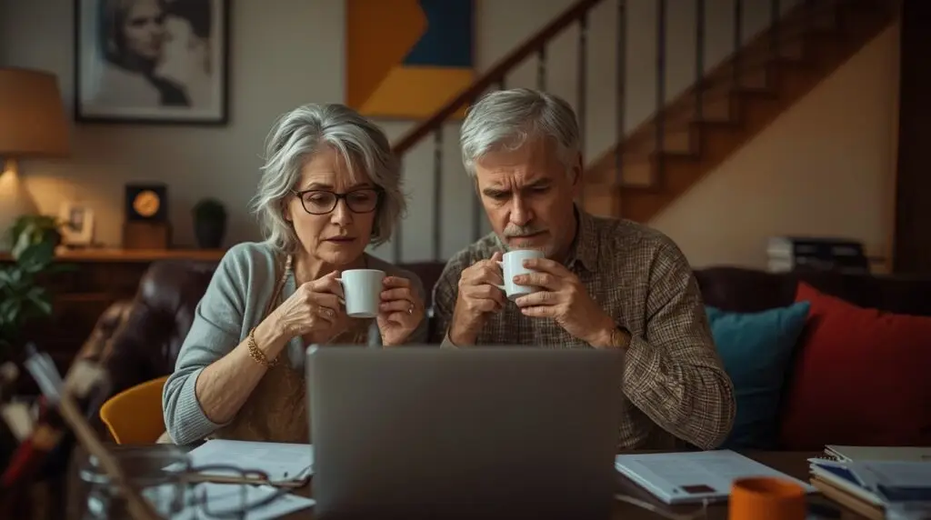 Retired couple with looks of concern, holding coffee and looking at laptop