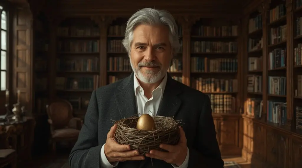 Retired man standing in library, holding nest with golden egg in middle