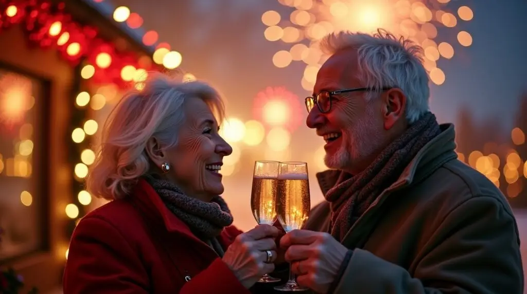 Happy retired couple clinking champagne glasses with fireworks and lights in background