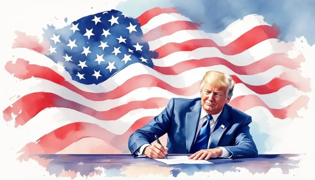 Watercolor painting of President Donald J. Trump signing document, with American flag in background