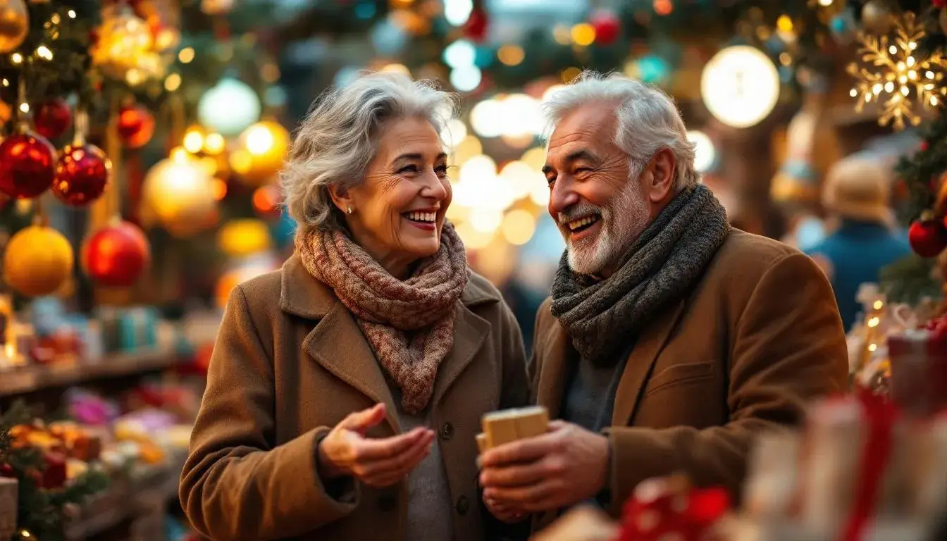Smiling retired couple at Christmas ornaments festival