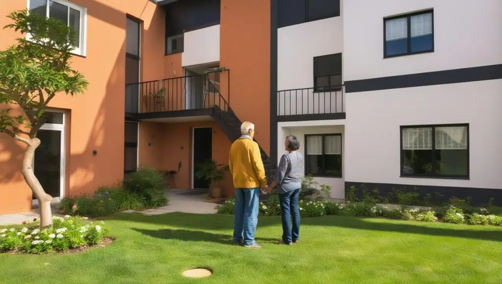 Retired couple in yard of townhome complex